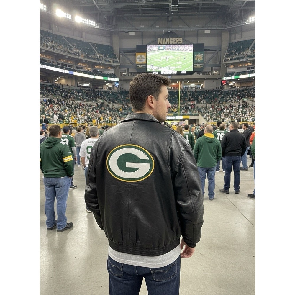 Green Bay Packers XL Miller Lite Leather Jacket Men's Large Vintage - Picture 2 of 14